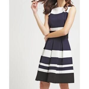Ralph Lauren Fit Flare Color Block Pleated Navy Blue Gray Stripe Dress sz 8